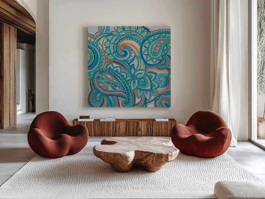 Emerald Paisley III by Silvia Vassileva. Shown as extra-large giant wall art in a modern living room. Available as an archival giclee rolled canvas, fine art paper, or poster print. SKU 64821a.