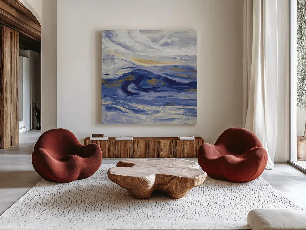 Estuary Blue Sq by Silvia Vassileva. Shown as extra-large giant wall art in a modern living room. Available as an archival giclee rolled canvas, fine art paper, or poster print. SKU 65025a.