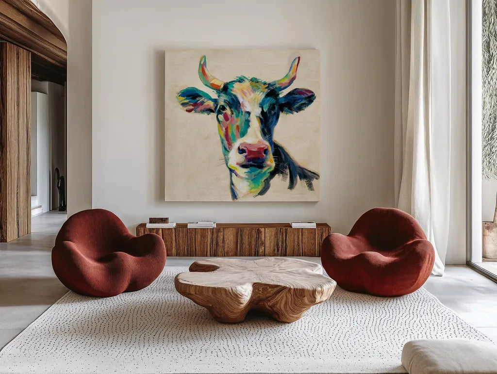 Expressionistic Cow II by Silvia Vassileva. Shown as extra-large giant wall art in a modern living room. Available as an archival giclee rolled canvas, fine art paper, or poster print. SKU 49920a.