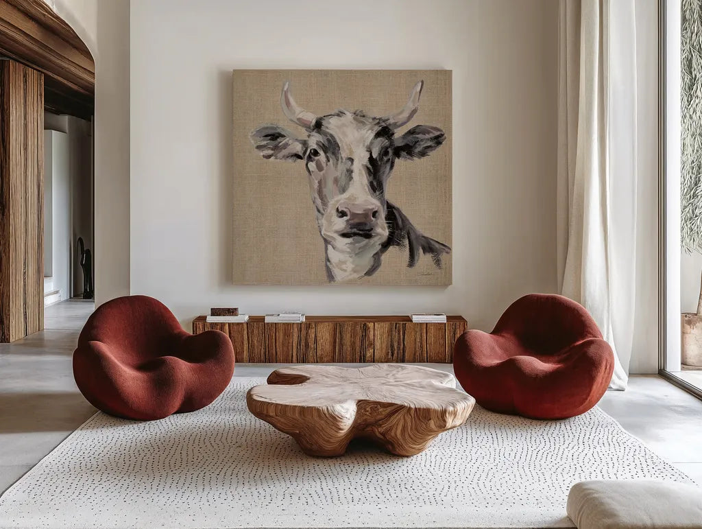 Expressionistic Cow II Neutral Burlap by Silvia Vassileva. Shown as extra-large giant wall art in a modern living room. Available as an archival giclee rolled canvas, fine art paper, or poster print. SKU 101476a.