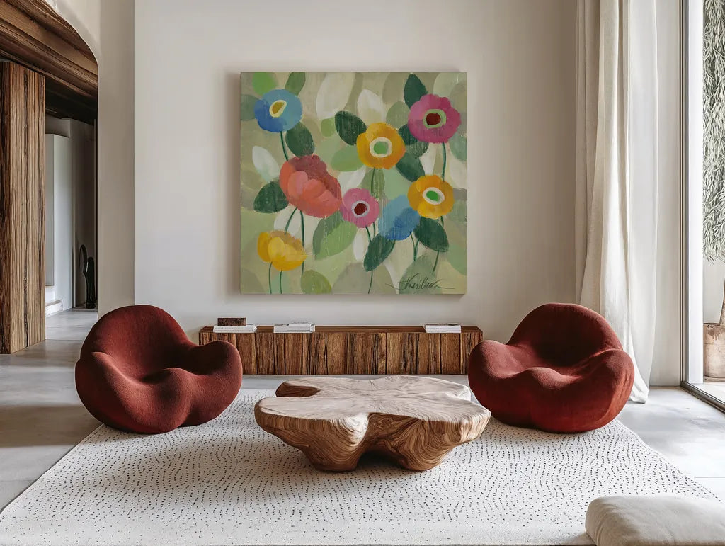 Fairy Tale Flowers II by Silvia Vassileva. Shown as extra-large giant wall art in a modern living room. Available as an archival giclee rolled canvas, fine art paper, or poster print. SKU 18798a.