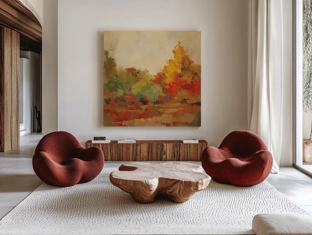 Fall Forest II by Silvia Vassileva. Shown as extra-large giant wall art in a modern living room. Available as an archival giclee rolled canvas, fine art paper, or poster print. SKU 11248a.