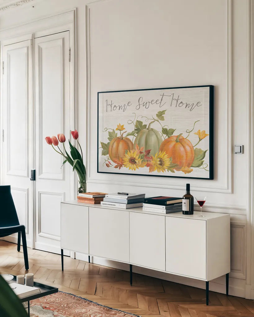 Fall Splendor I by Silvia Vassileva. shown as a framed stretched canvas in a living room above a console. Available as a archival giclee rolled canvas, fine art paper, or poster print. SKU 56603i.