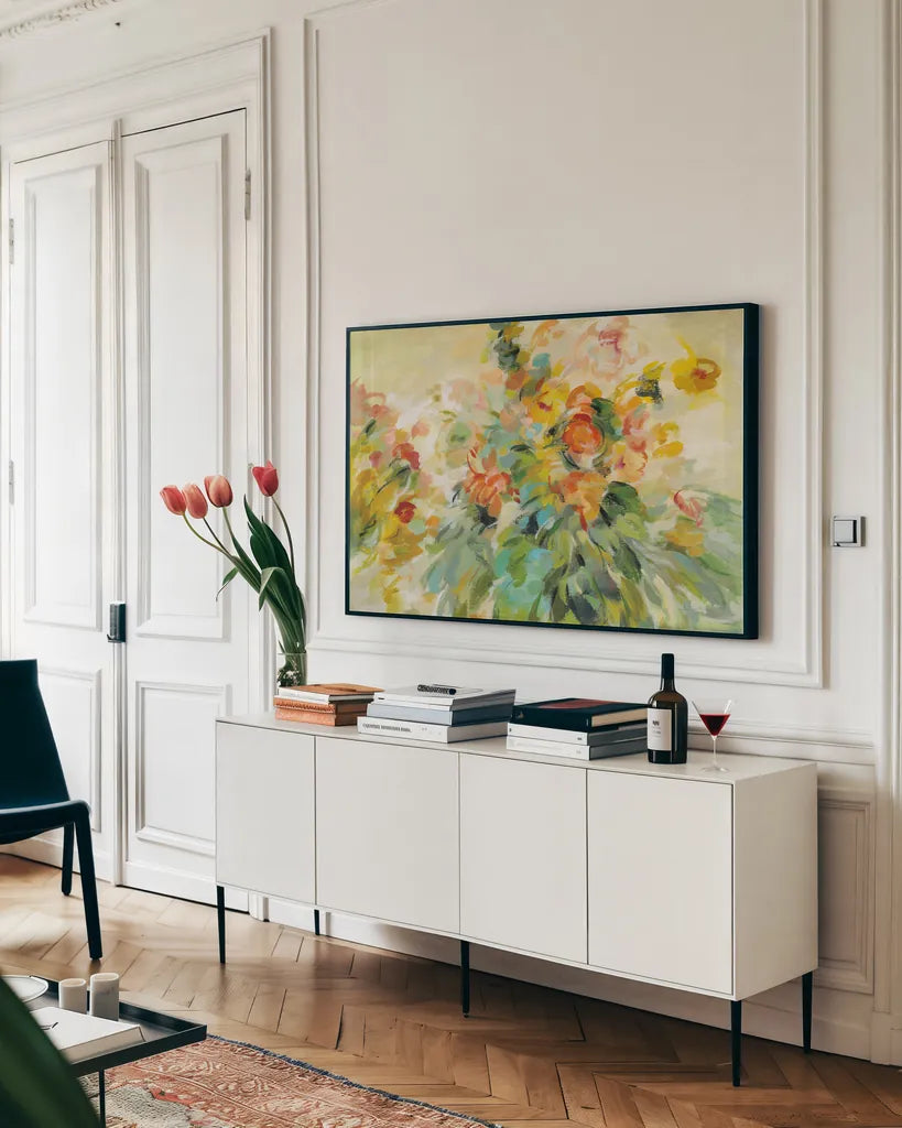 Festive Bouquet by Silvia Vassileva. shown as a framed stretched canvas in a living room above a console. Available as a archival giclee rolled canvas, fine art paper, or poster print. SKU 56256i.