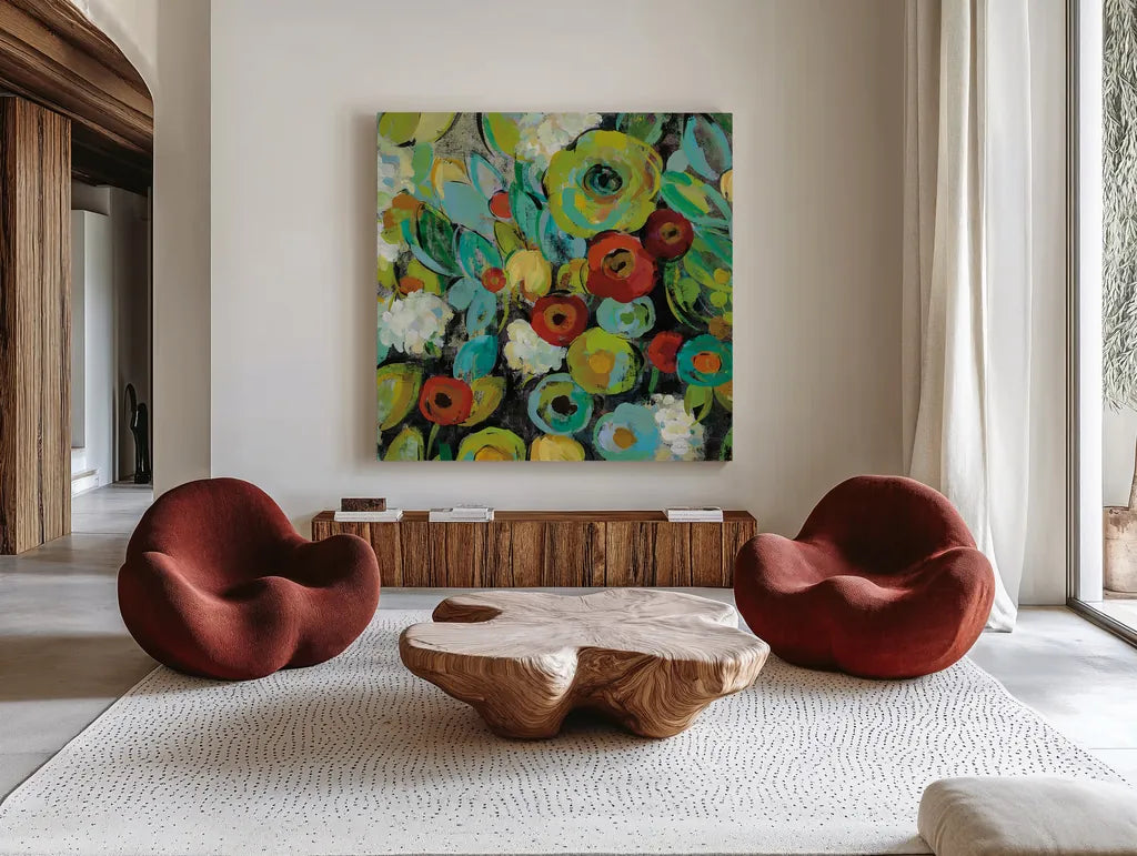 Fiesta Floral Crop by Silvia Vassileva. Shown as extra-large giant wall art in a modern living room. Available as an archival giclee rolled canvas, fine art paper, or poster print. SKU 28785a.