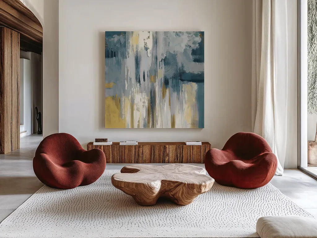 Fisherman Nets Neutral by Silvia Vassileva. Shown as extra-large giant wall art in a modern living room. Available as an archival giclee rolled canvas, fine art paper, or poster print. SKU 69135a.