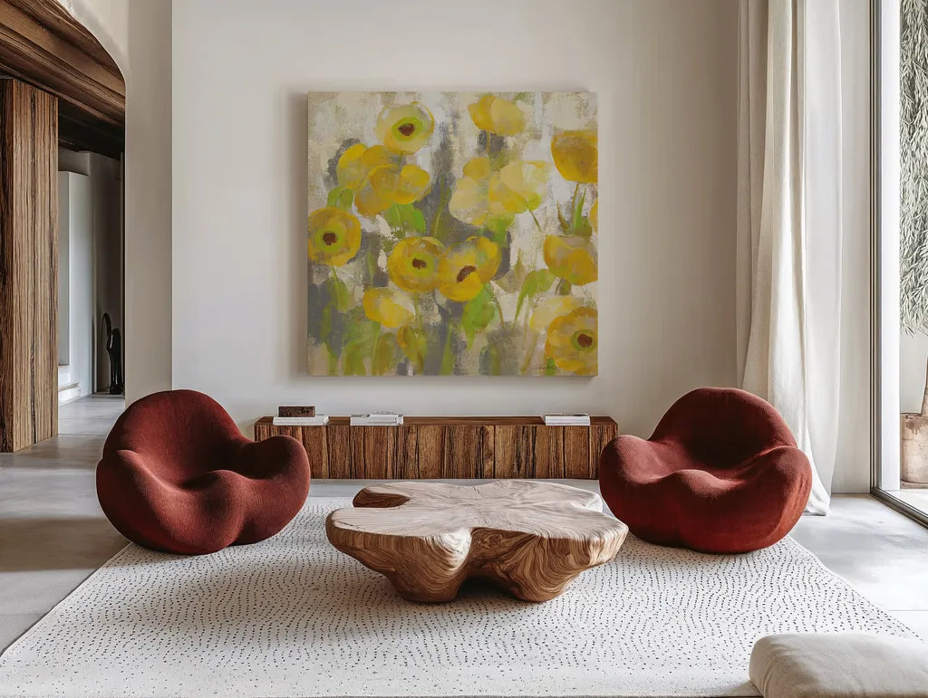 Floating Yellow Flowers IV by Silvia Vassileva. Shown as extra-large giant wall art in a modern living room. Available as an archival giclee rolled canvas, fine art paper, or poster print. SKU 27814a.