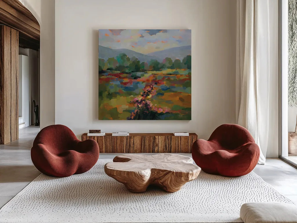 Floral Path by Silvia Vassileva. Shown as extra-large giant wall art in a modern living room. Available as an archival giclee rolled canvas, fine art paper, or poster print. SKU 94418a.