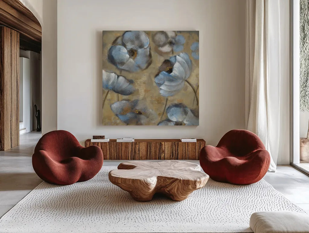 Flowers in Dusk II by Silvia Vassileva. Shown as extra-large giant wall art in a modern living room. Available as an archival giclee rolled canvas, fine art paper, or poster print. SKU 1157a.