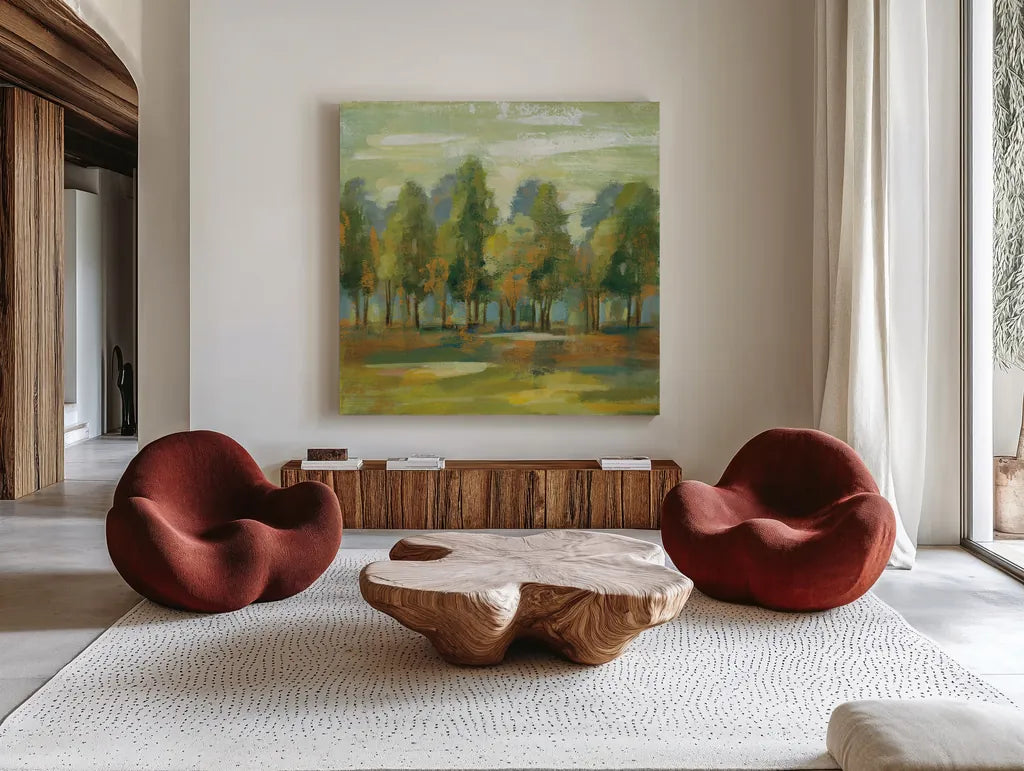 Forest I by Silvia Vassileva. Shown as extra-large giant wall art in a modern living room. Available as an archival giclee rolled canvas, fine art paper, or poster print. SKU 42188a.