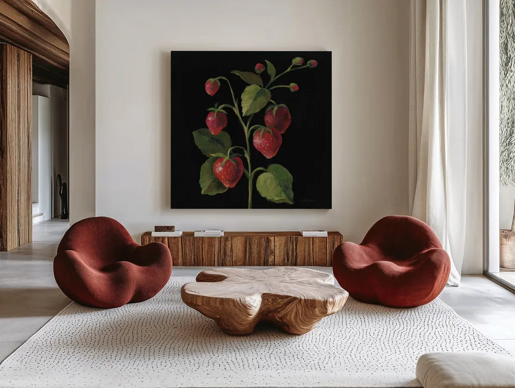 Fraise no Words by Silvia Vassileva. Shown as extra-large giant wall art in a modern living room. Available as an archival giclee rolled canvas, fine art paper, or poster print. SKU 29205a.