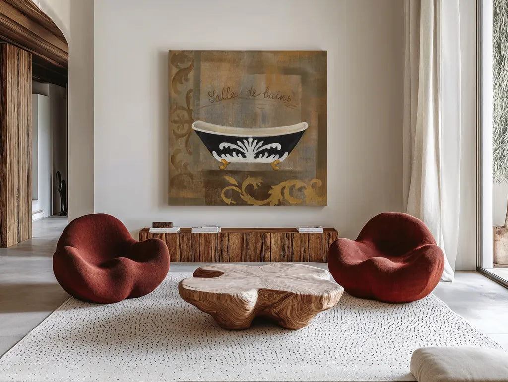French Bathtub I by Silvia Vassileva. Shown as extra-large giant wall art in a modern living room. Available as an archival giclee rolled canvas, fine art paper, or poster print. SKU 8360a.