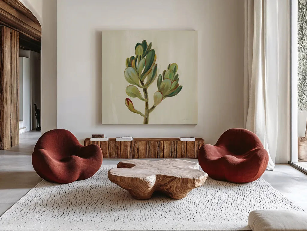 Front Yard Succulent II by Silvia Vassileva. Shown as extra-large giant wall art in a modern living room. Available as an archival giclee rolled canvas, fine art paper, or poster print. SKU 47317a.