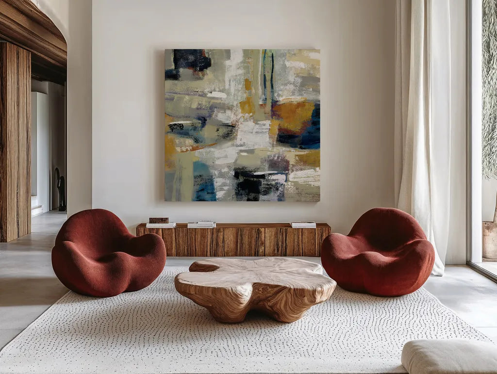 Full Moon I with White by Silvia Vassileva. Shown as extra-large giant wall art in a modern living room. Available as an archival giclee rolled canvas, fine art paper, or poster print. SKU 30045a.