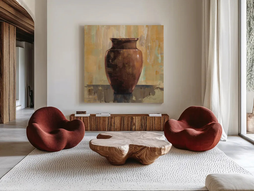 Glazed Pot II by Silvia Vassileva. Shown as extra-large giant wall art in a modern living room. Available as an archival giclee rolled canvas, fine art paper, or poster print. SKU 60485a.