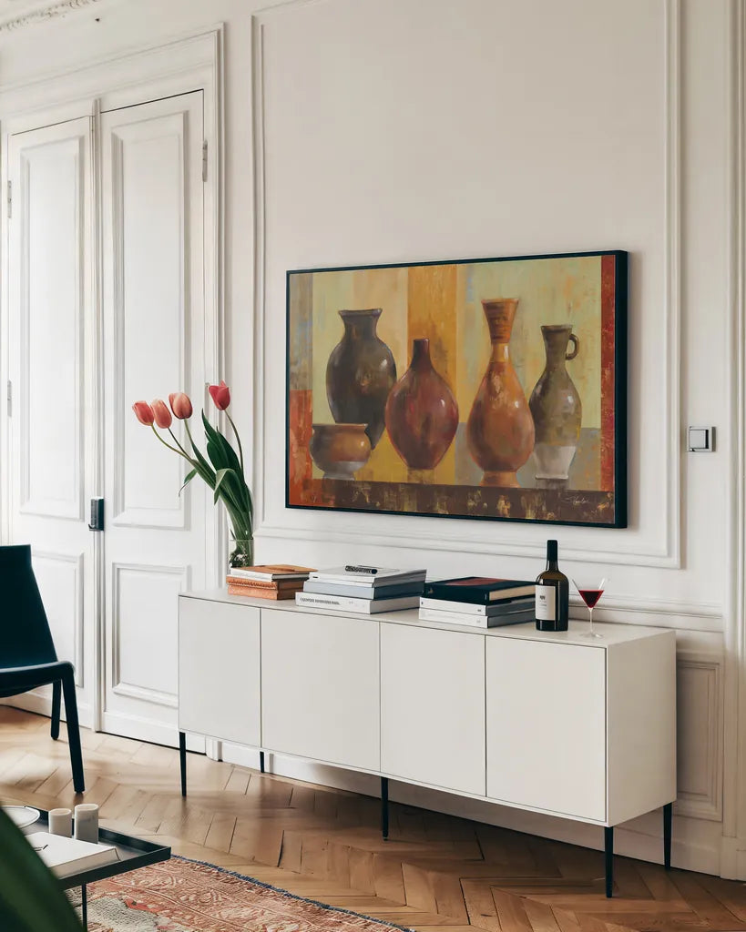 Glazed Pots by Silvia Vassileva. shown as a framed stretched canvas in a living room above a console. Available as a archival giclee rolled canvas, fine art paper, or poster print. SKU 89698i.