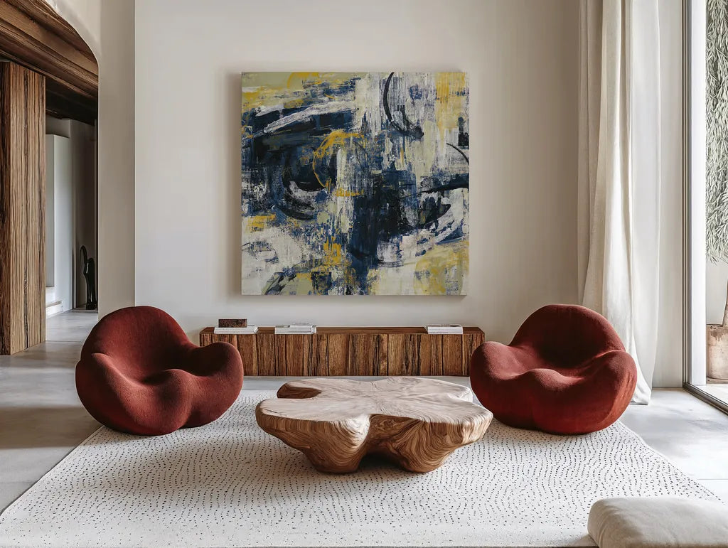 Graffiti Wall III Indigo Crop by Silvia Vassileva. Shown as extra-large giant wall art in a modern living room. Available as an archival giclee rolled canvas, fine art paper, or poster print. SKU 28859a.