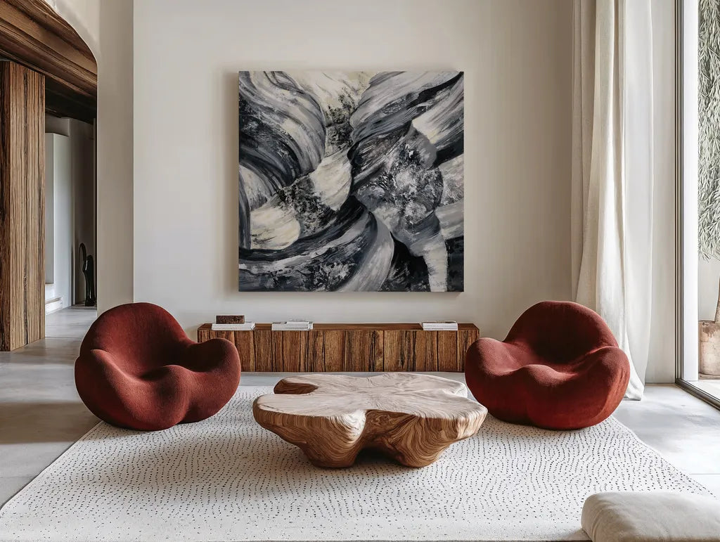 Graphic Canyon I by Silvia Vassileva. Shown as extra-large giant wall art in a modern living room. Available as an archival giclee rolled canvas, fine art paper, or poster print. SKU 66074a.