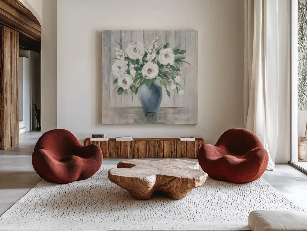 Gray Barn Floral Light by Silvia Vassileva. Shown as extra-large giant wall art in a modern living room. Available as an archival giclee rolled canvas, fine art paper, or poster print. SKU 78472a.