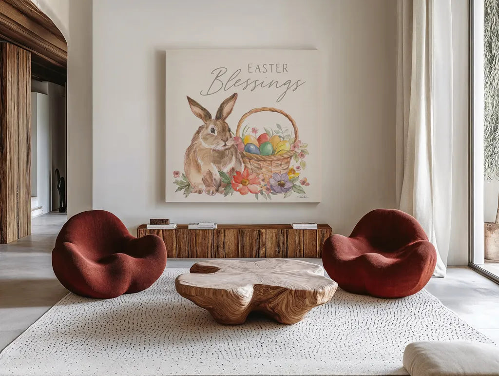 Happy Easter VI by Silvia Vassileva. Shown as extra-large giant wall art in a modern living room. Available as an archival giclee rolled canvas, fine art paper, or poster print. SKU 69793a.