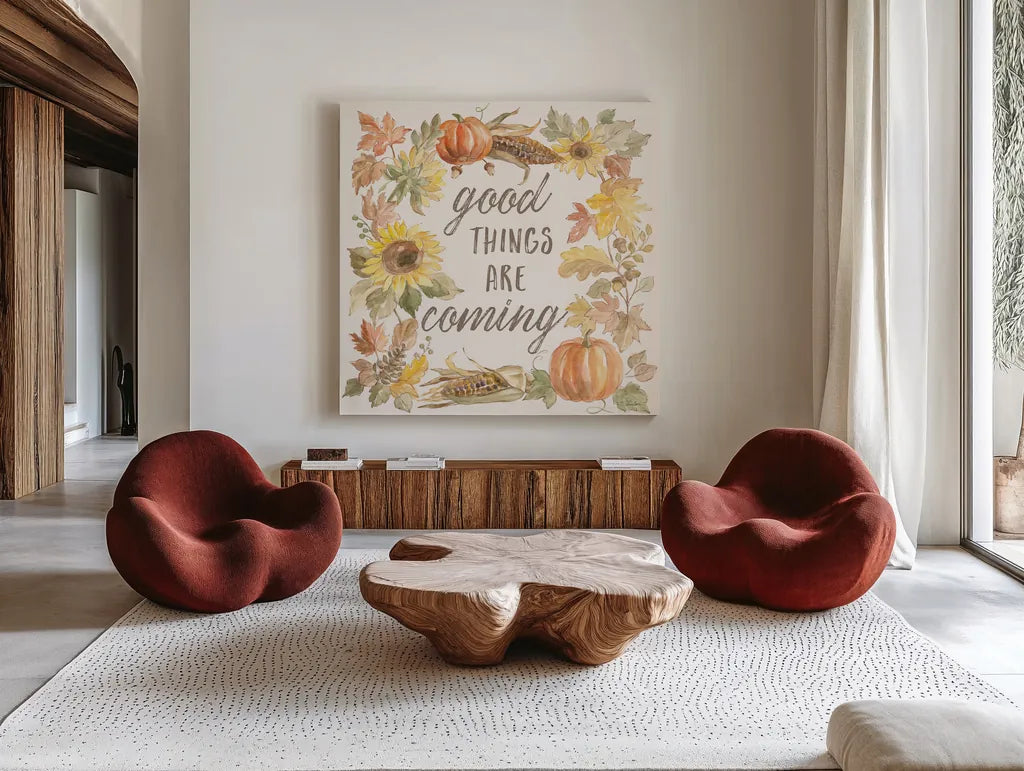Happy Harvest IV by Silvia Vassileva. Shown as extra-large giant wall art in a modern living room. Available as an archival giclee rolled canvas, fine art paper, or poster print. SKU 69089a.