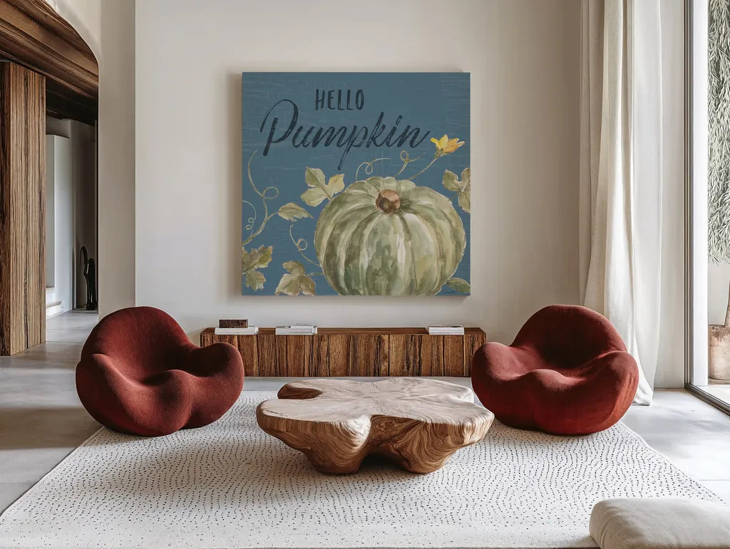 Happy Harvest VII Blue by Silvia Vassileva. Shown as extra-large giant wall art in a modern living room. Available as an archival giclee rolled canvas, fine art paper, or poster print. SKU 74792a.