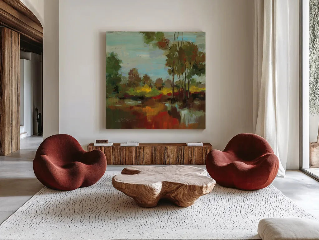 Hidden Pond Hues II by Silvia Vassileva. Shown as extra-large giant wall art in a modern living room. Available as an archival giclee rolled canvas, fine art paper, or poster print. SKU 7325a.