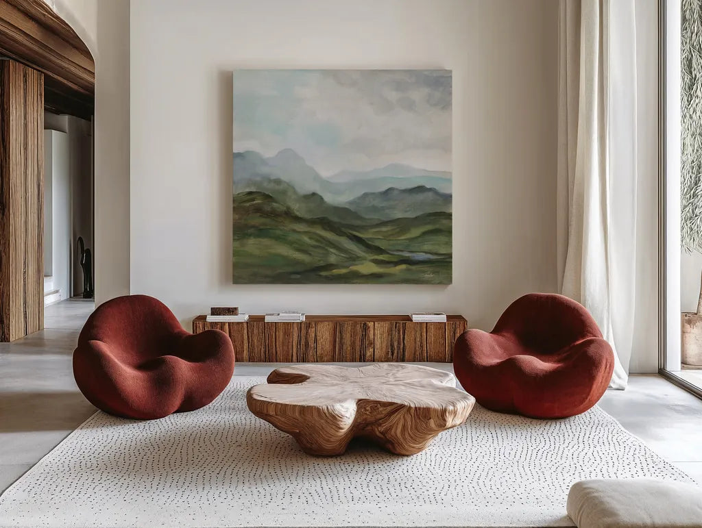 High Mountain by Silvia Vassileva. Shown as extra-large giant wall art in a modern living room. Available as an archival giclee rolled canvas, fine art paper, or poster print. SKU 99705a.