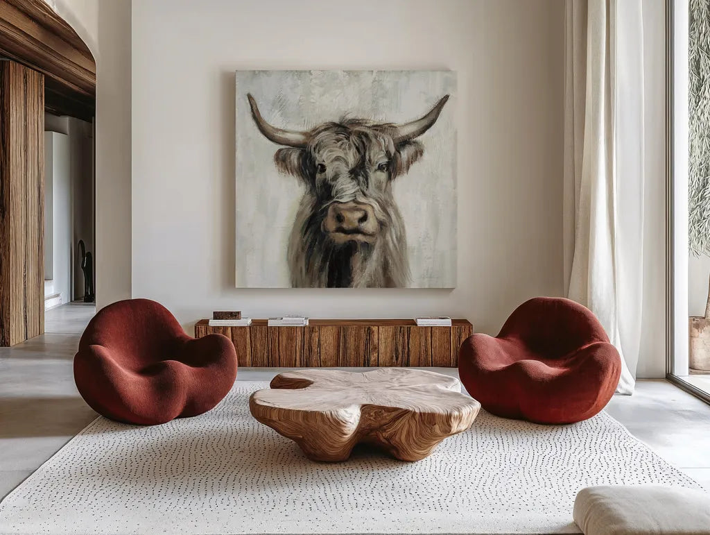 Highland Cow Brown by Silvia Vassileva. Shown as extra-large giant wall art in a modern living room. Available as an archival giclee rolled canvas, fine art paper, or poster print. SKU 70632a.
