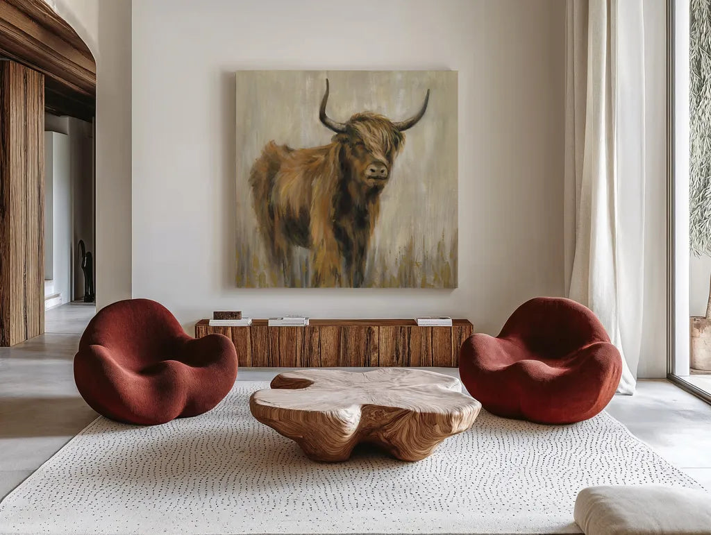 Highland Mountain Cow by Silvia Vassileva. Shown as extra-large giant wall art in a modern living room. Available as an archival giclee rolled canvas, fine art paper, or poster print. SKU 55090a.