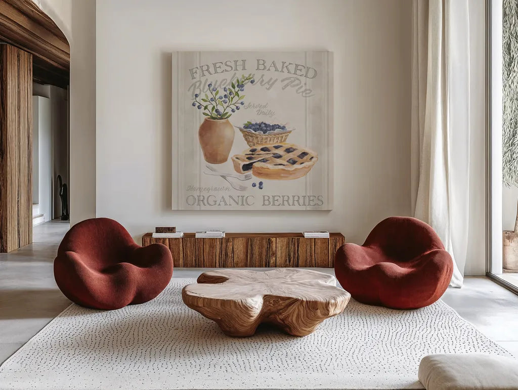 Homemade Happiness II by Silvia Vassileva. Shown as extra-large giant wall art in a modern living room. Available as an archival giclee rolled canvas, fine art paper, or poster print. SKU 66781a.