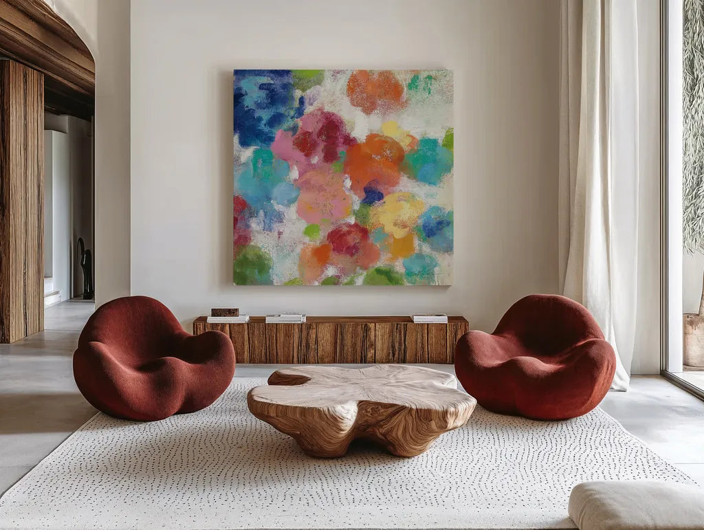Hydrangea Bouquet I Square III by Silvia Vassileva. Shown as extra-large giant wall art in a modern living room. Available as an archival giclee rolled canvas, fine art paper, or poster print. SKU 36449a.