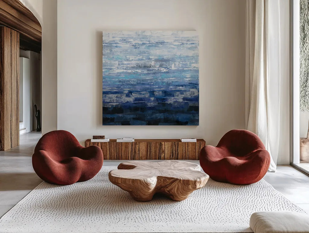 Icelandic Wave by Silvia Vassileva. Shown as extra-large giant wall art in a modern living room. Available as an archival giclee rolled canvas, fine art paper, or poster print. SKU 35831a.