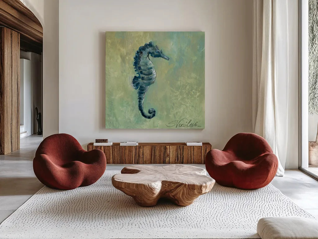 Indigo Sea Life I by Silvia Vassileva. Shown as extra-large giant wall art in a modern living room. Available as an archival giclee rolled canvas, fine art paper, or poster print. SKU 22089a.