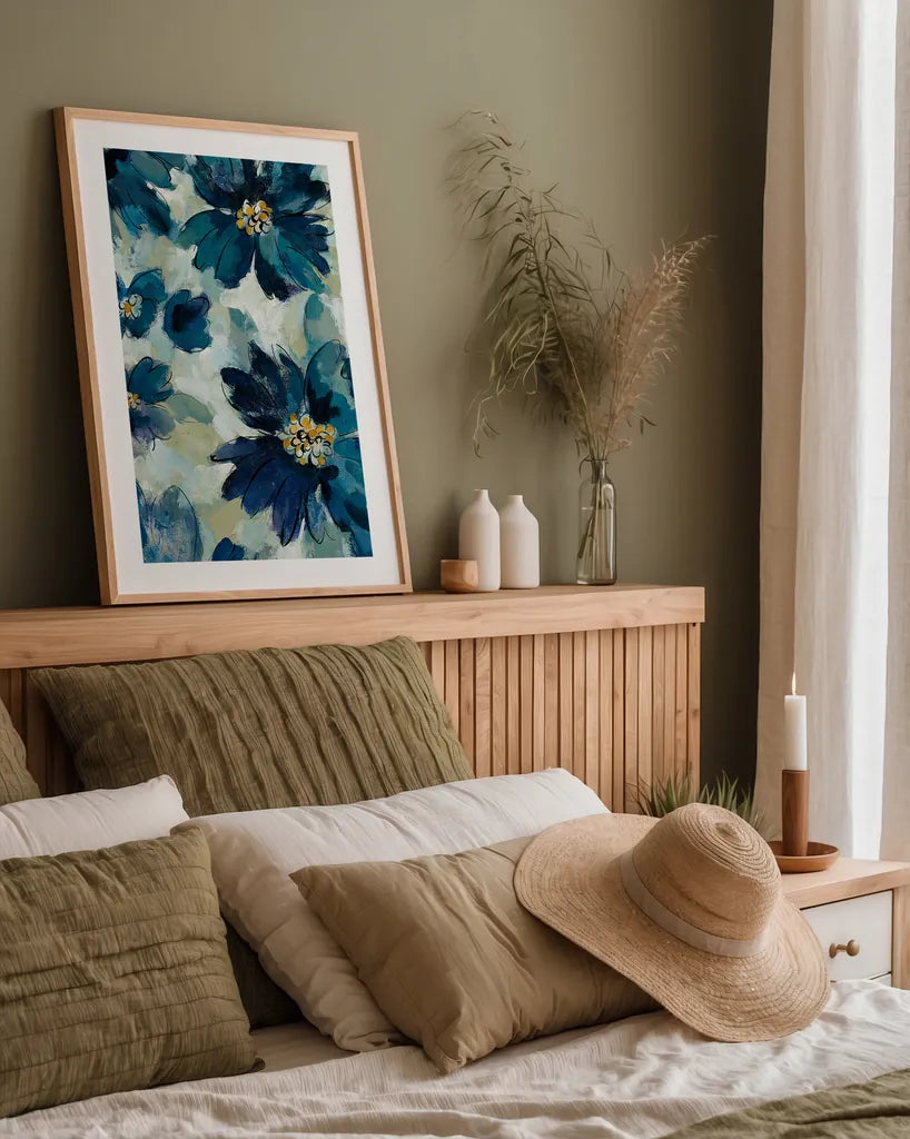 Inky Floral I by Silvia Vassileva. shown as a paper print in a natural frame. Available as a archival giclee rolled canvas, fine art paper, or poster print. SKU 29745h.