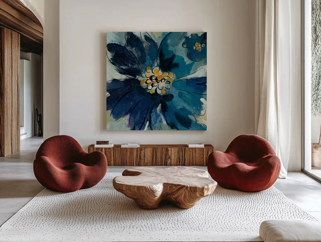 Inky Floral III by Silvia Vassileva. Shown as extra-large giant wall art in a modern living room. Available as an archival giclee rolled canvas, fine art paper, or poster print. SKU 30311a.