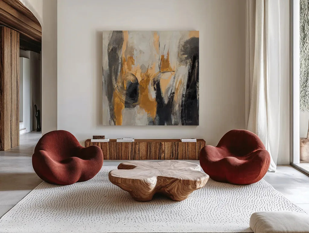 Invisible Knots by Silvia Vassileva. Shown as extra-large giant wall art in a modern living room. Available as an archival giclee rolled canvas, fine art paper, or poster print. SKU 82440a.