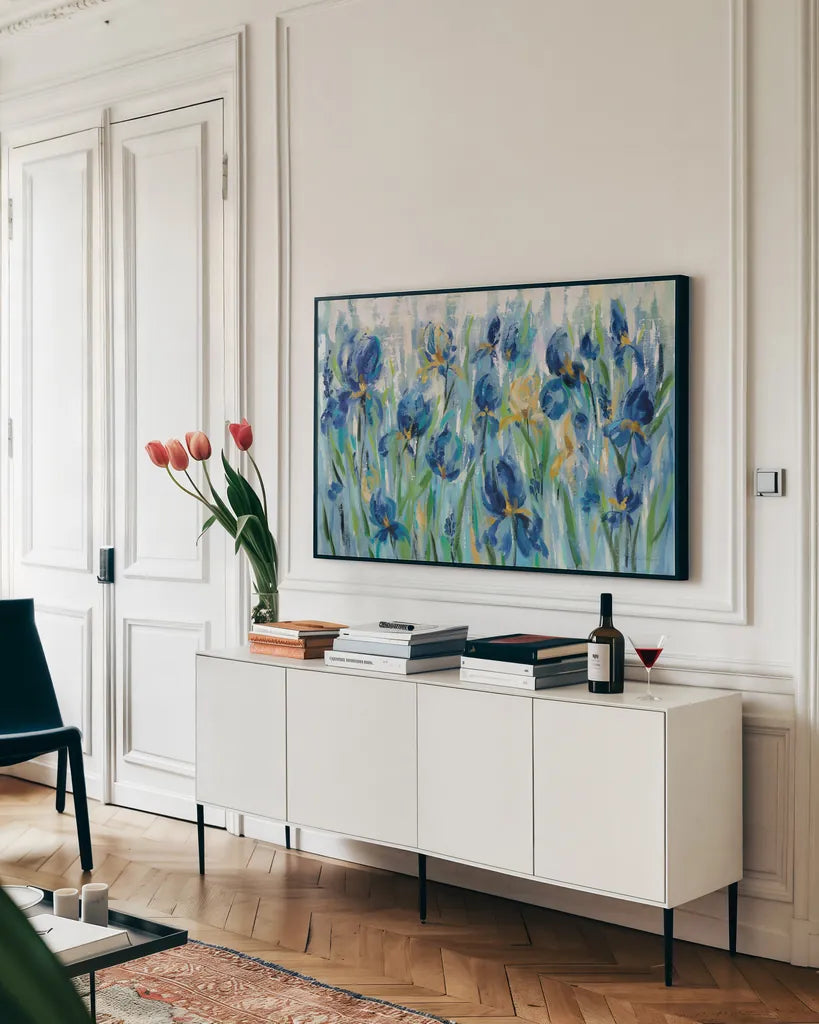 Iris Flower Bed by Silvia Vassileva. shown as a framed stretched canvas in a living room above a console. Available as a archival giclee rolled canvas, fine art paper, or poster print. SKU 34107i.
