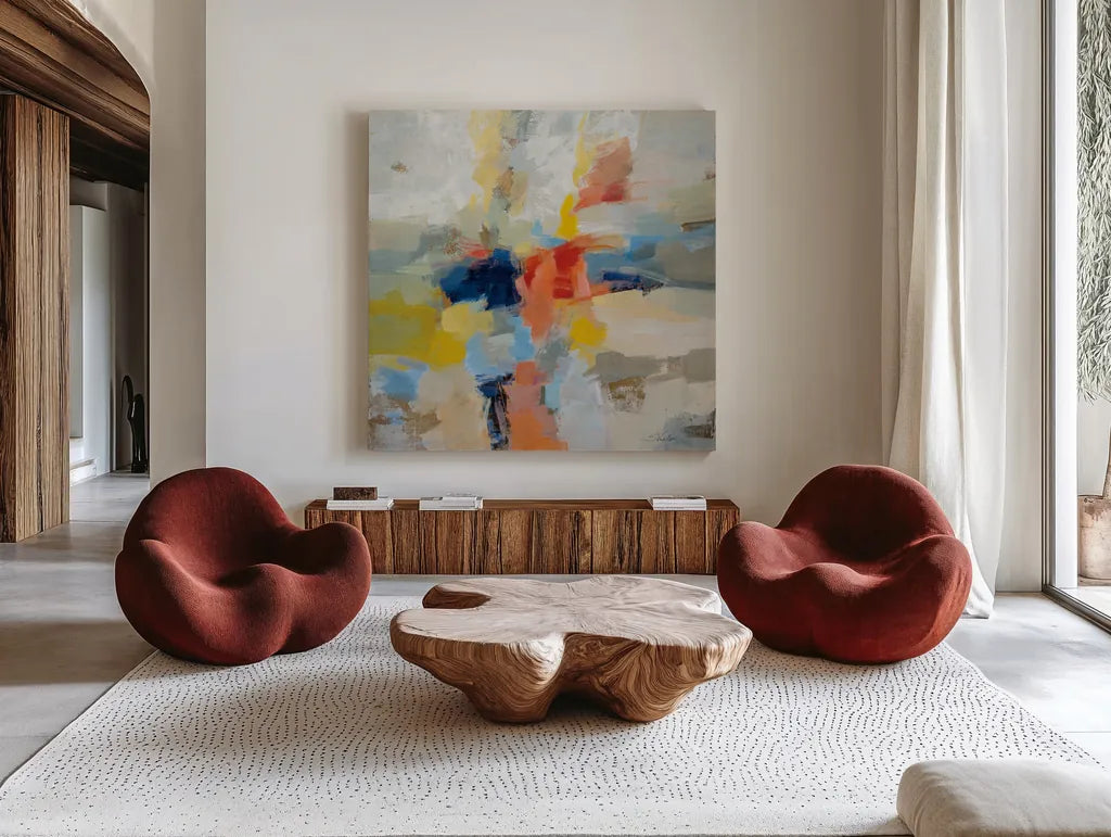 Island Fiesta by Silvia Vassileva. Shown as extra-large giant wall art in a modern living room. Available as an archival giclee rolled canvas, fine art paper, or poster print. SKU 80522a.