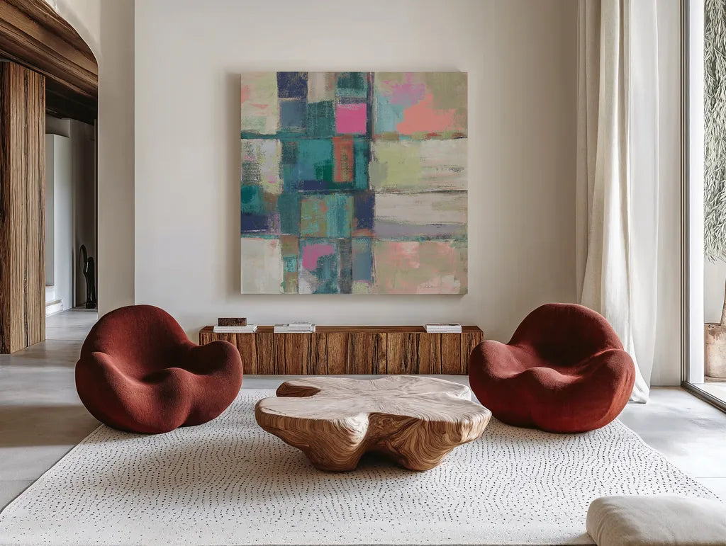Island Hues II Crop Bright by Silvia Vassileva. Shown as extra-large giant wall art in a modern living room. Available as an archival giclee rolled canvas, fine art paper, or poster print. SKU 33622a.