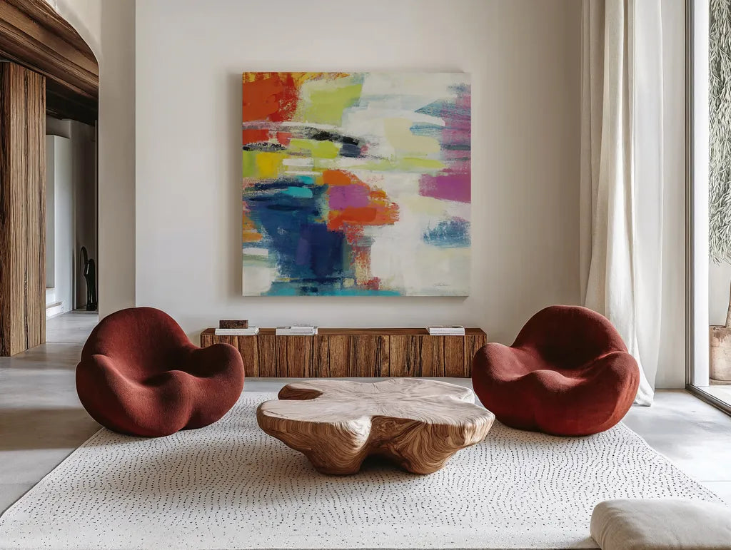 Island Town III Bright by Silvia Vassileva. Shown as extra-large giant wall art in a modern living room. Available as an archival giclee rolled canvas, fine art paper, or poster print. SKU 64570a.