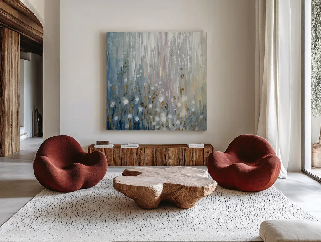 January Branches by Silvia Vassileva. Shown as extra-large giant wall art in a modern living room. Available as an archival giclee rolled canvas, fine art paper, or poster print. SKU 42129a.