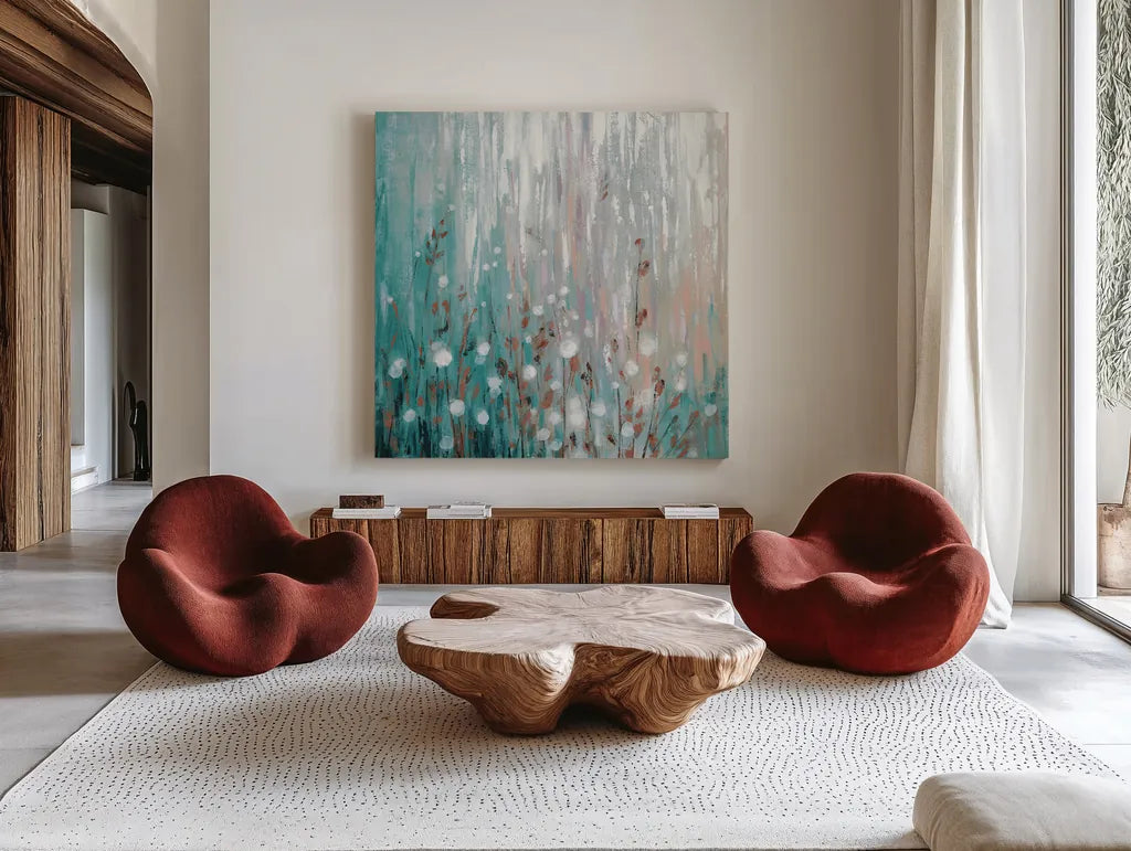 January Branches Green by Silvia Vassileva. Shown as extra-large giant wall art in a modern living room. Available as an archival giclee rolled canvas, fine art paper, or poster print. SKU 47887a.
