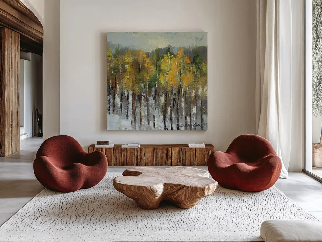 January Landscape by Silvia Vassileva. Shown as extra-large giant wall art in a modern living room. Available as an archival giclee rolled canvas, fine art paper, or poster print. SKU 23405a.