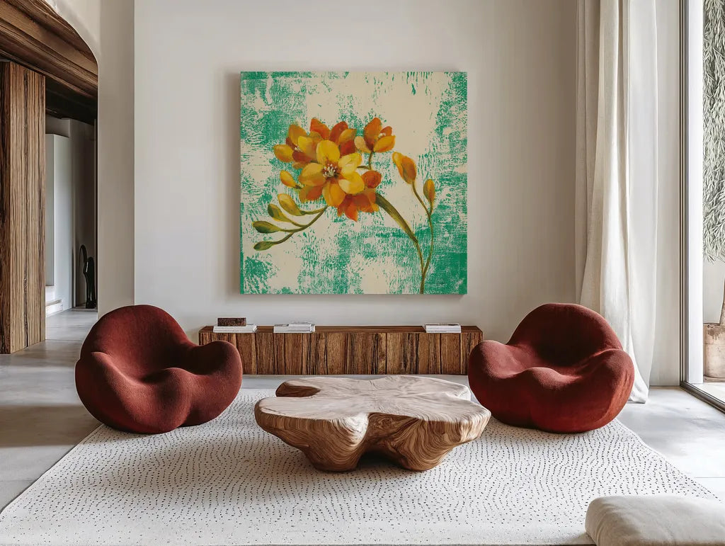 Jewel Flower II by Silvia Vassileva. Shown as extra-large giant wall art in a modern living room. Available as an archival giclee rolled canvas, fine art paper, or poster print. SKU 59263a.