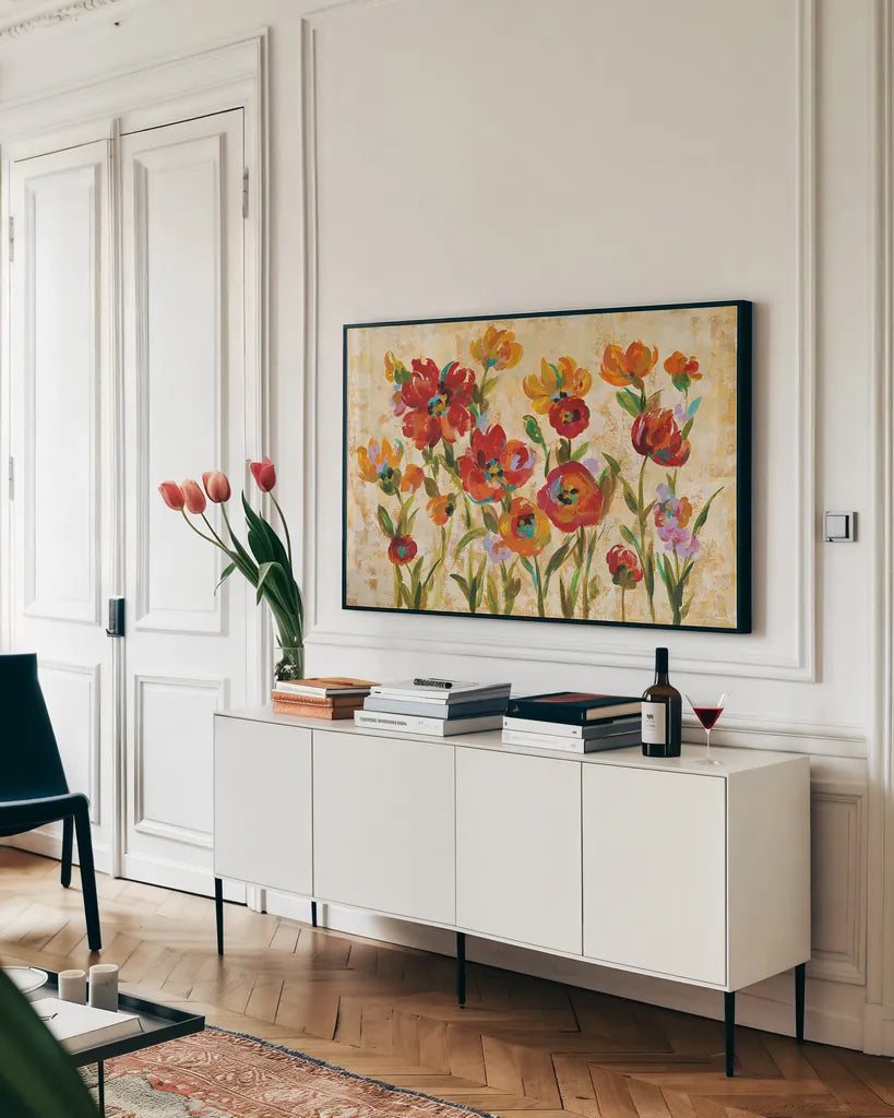 July in the Garden I by Silvia Vassileva. shown as a framed stretched canvas in a living room above a console. Available as a archival giclee rolled canvas, fine art paper, or poster print. SKU 28076i.