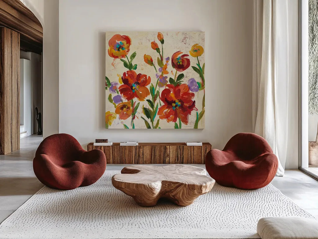 July in the Garden II Cream Crop by Silvia Vassileva. Shown as extra-large giant wall art in a modern living room. Available as an archival giclee rolled canvas, fine art paper, or poster print. SKU 28611a.
