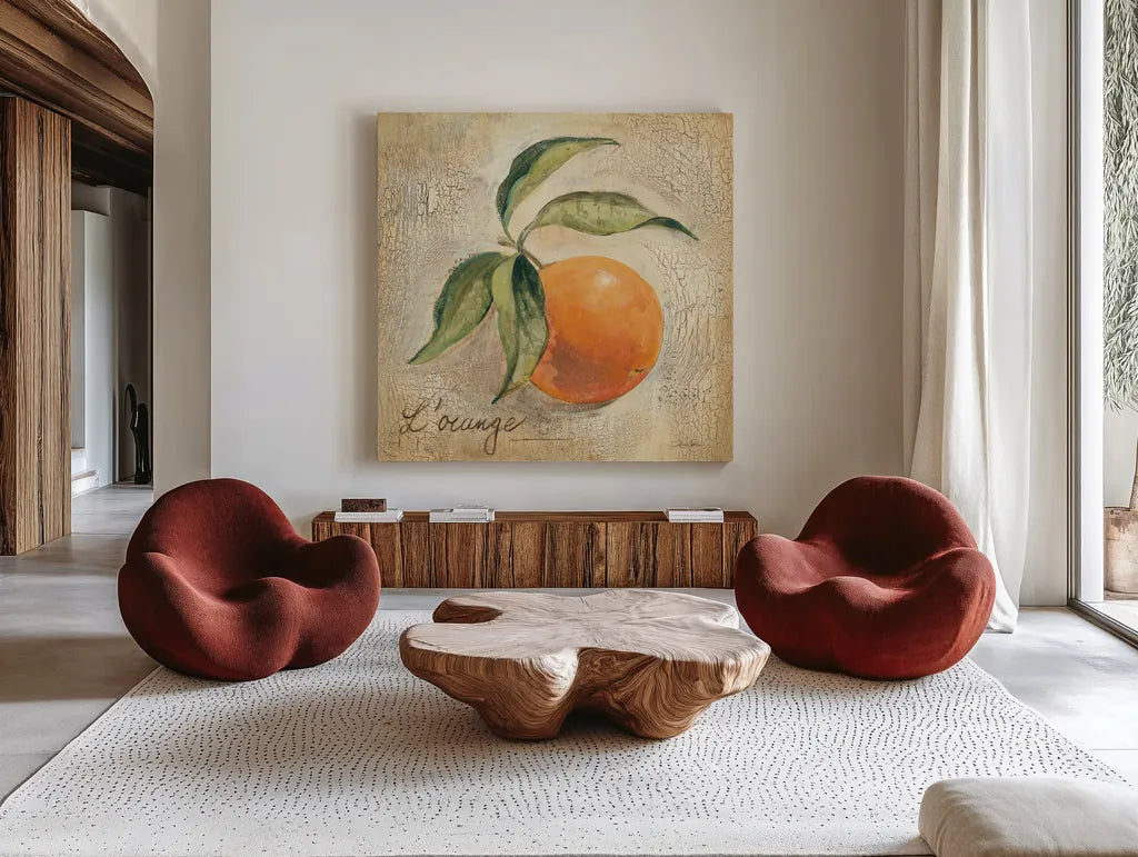L Orange by Silvia Vassileva. Shown as extra-large giant wall art in a modern living room. Available as an archival giclee rolled canvas, fine art paper, or poster print. SKU 9867a.