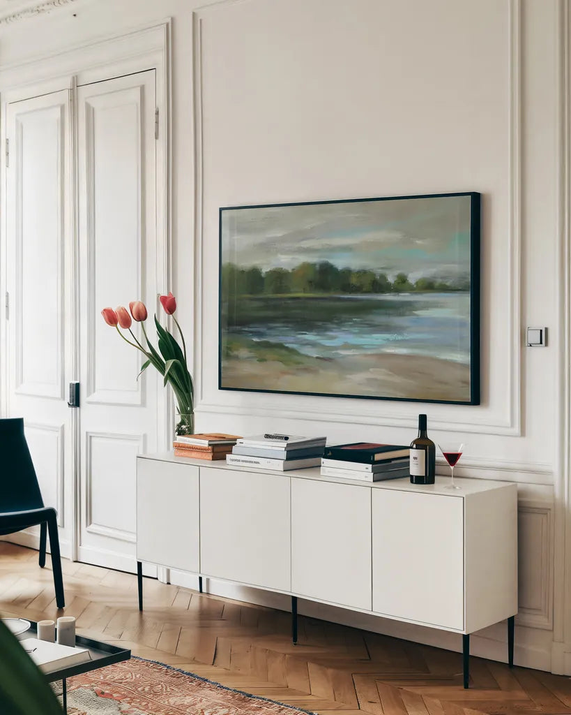 Lake Afternoon Stillness by Silvia Vassileva. shown as a framed stretched canvas in a living room above a console. Available as a archival giclee rolled canvas, fine art paper, or poster print. SKU 35311i.