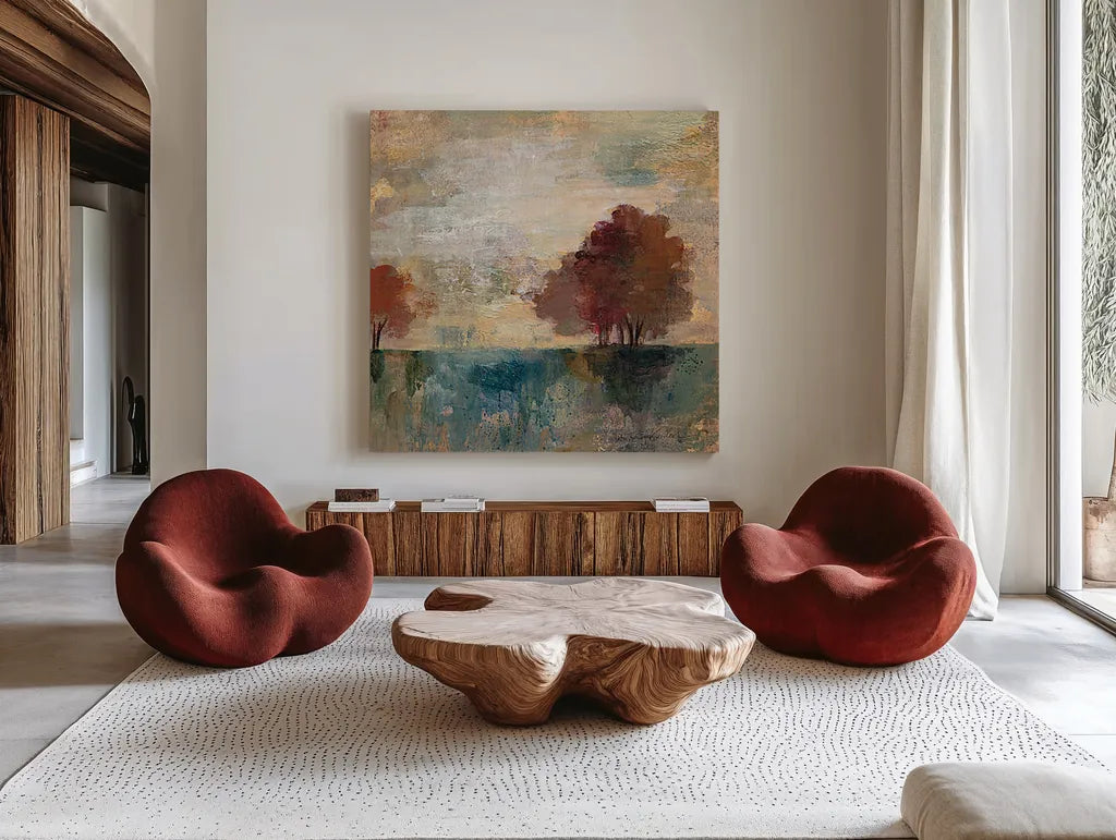 Landscape Monotype I by Silvia Vassileva. Shown as extra-large giant wall art in a modern living room. Available as an archival giclee rolled canvas, fine art paper, or poster print. SKU 20620a.
